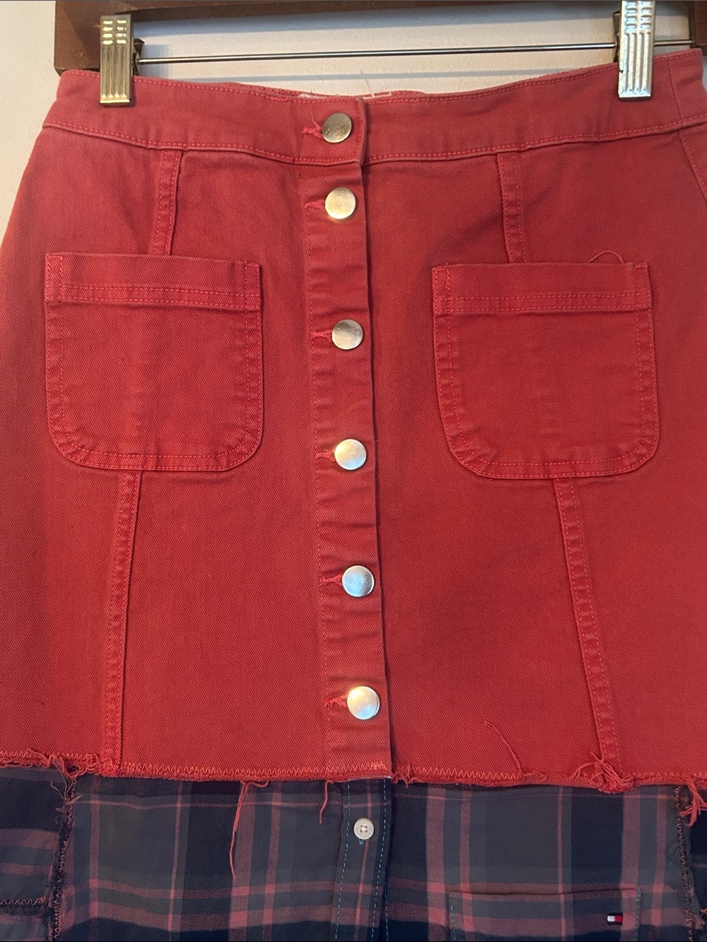 Upcycled coral denim and plaid button shirt skirt - Picture 4 of 8